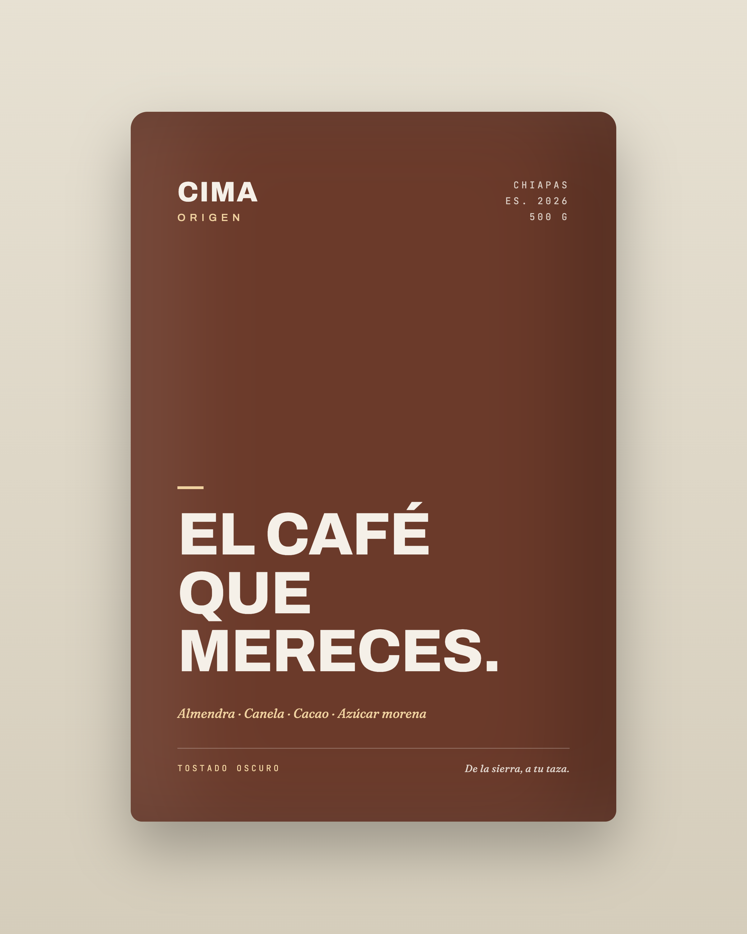 Bolsa de CIMA Origen, blend de café de especialidad de Chiapas tueste oscuro, 500 g