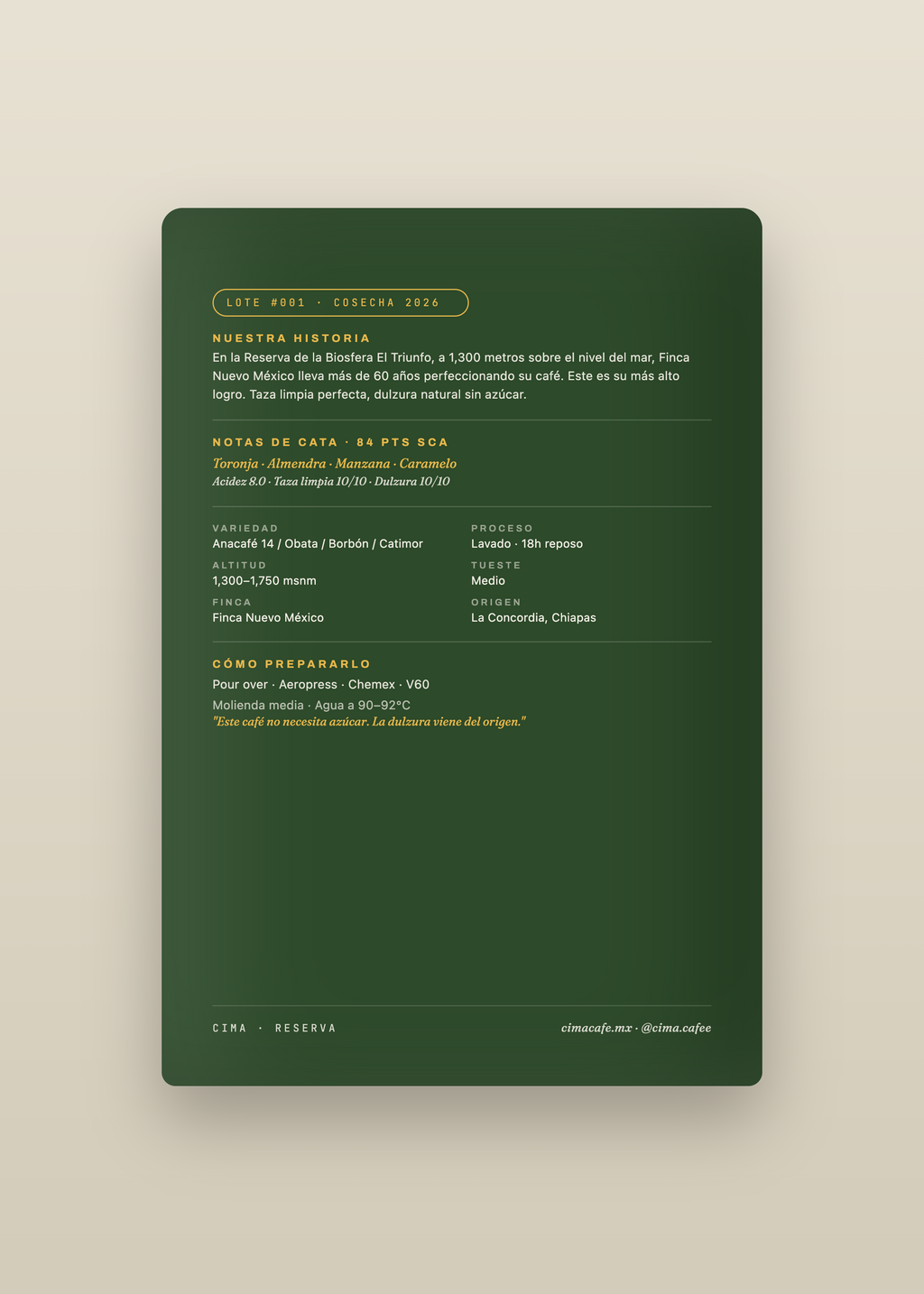 Detalle del empaque de CIMA Reserva 250 g, café de especialidad de Chiapas