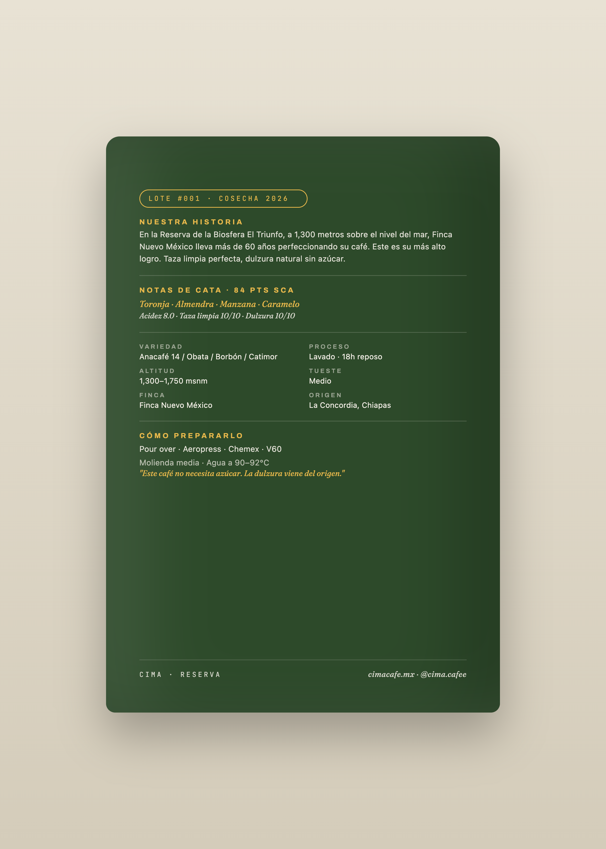Detalle del empaque de CIMA Reserva 250 g, café de especialidad de Chiapas