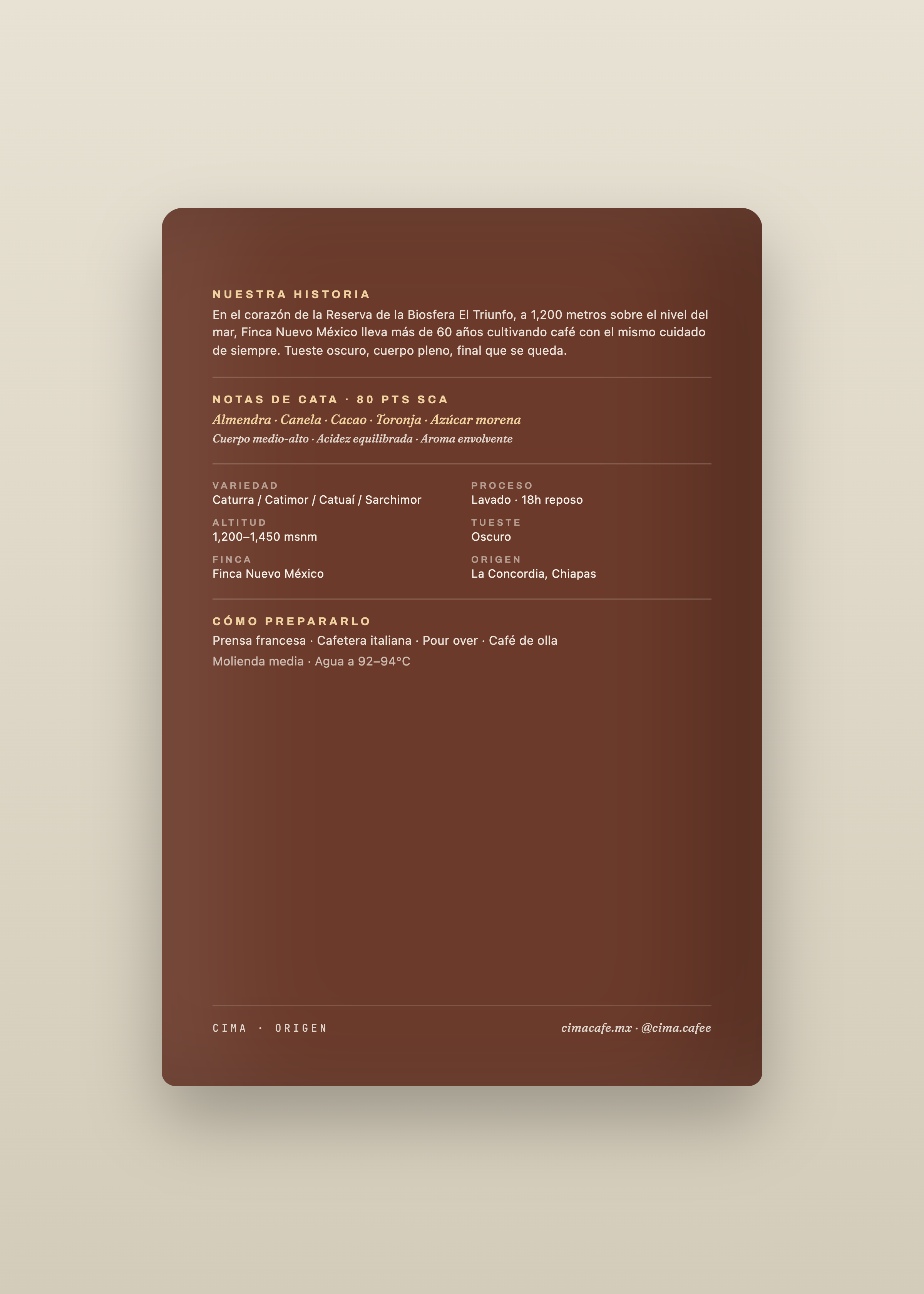 Detalle del empaque de CIMA Origen, blend de café de especialidad de Chiapas