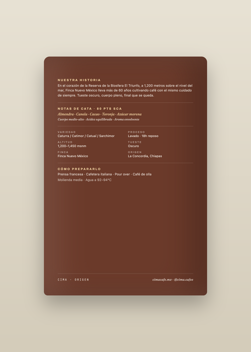 Detalle del empaque de CIMA Origen, blend de café de especialidad de Chiapas
